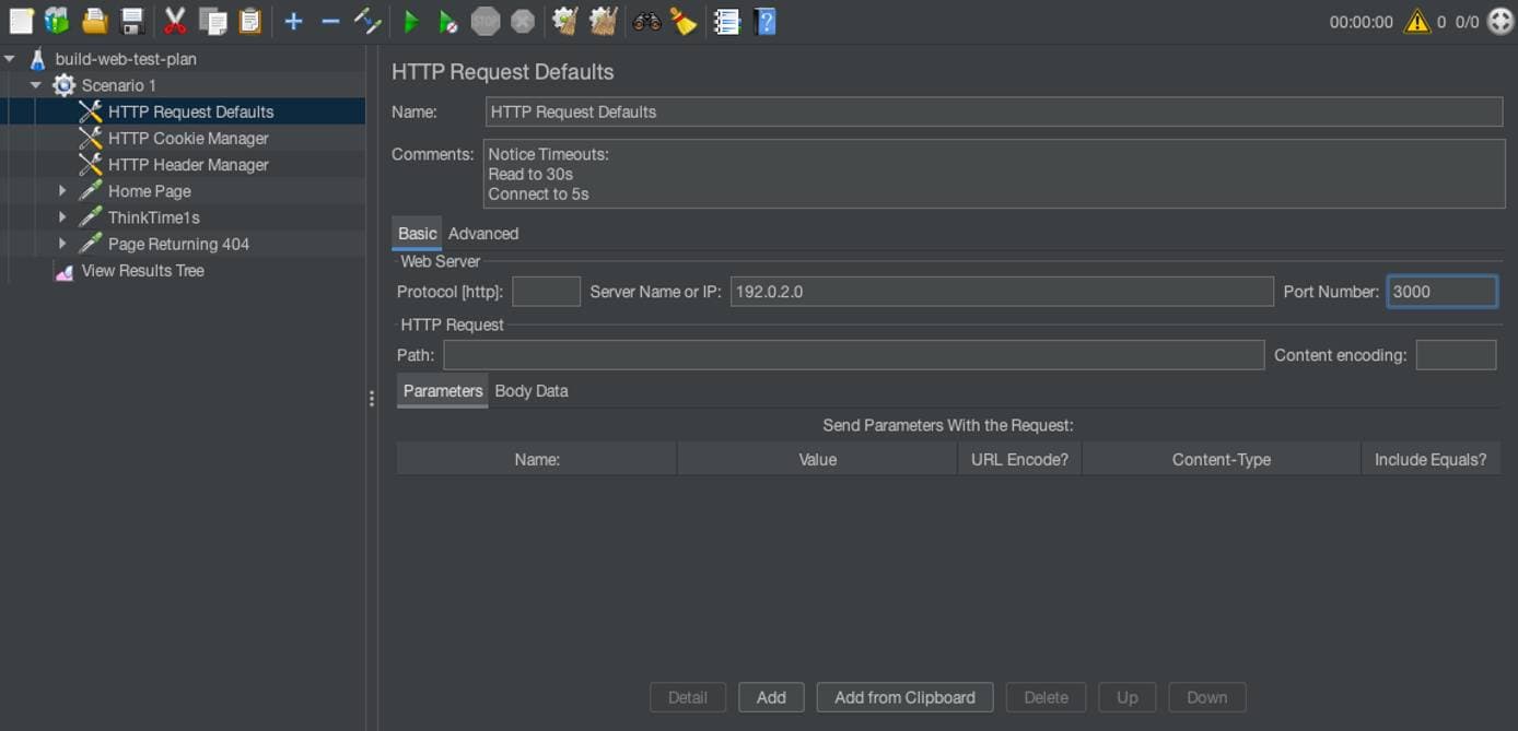 Adjusting the HTTP request defaults for a JMeter test plan. Adjusting the HTTP request defaults for a JMeter test plan.