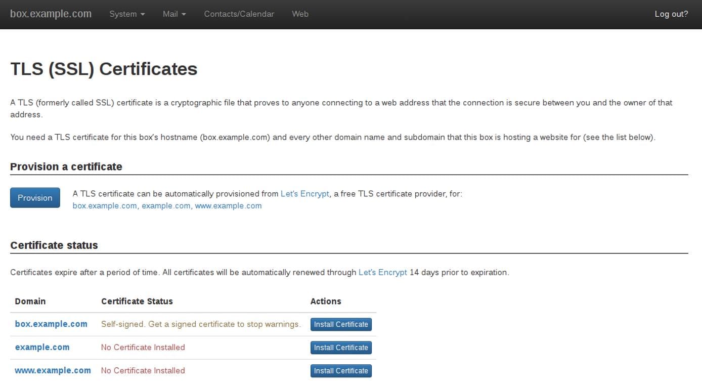 Control Panel - TLS Certificates Page Control Panel - TLS Certificates Page