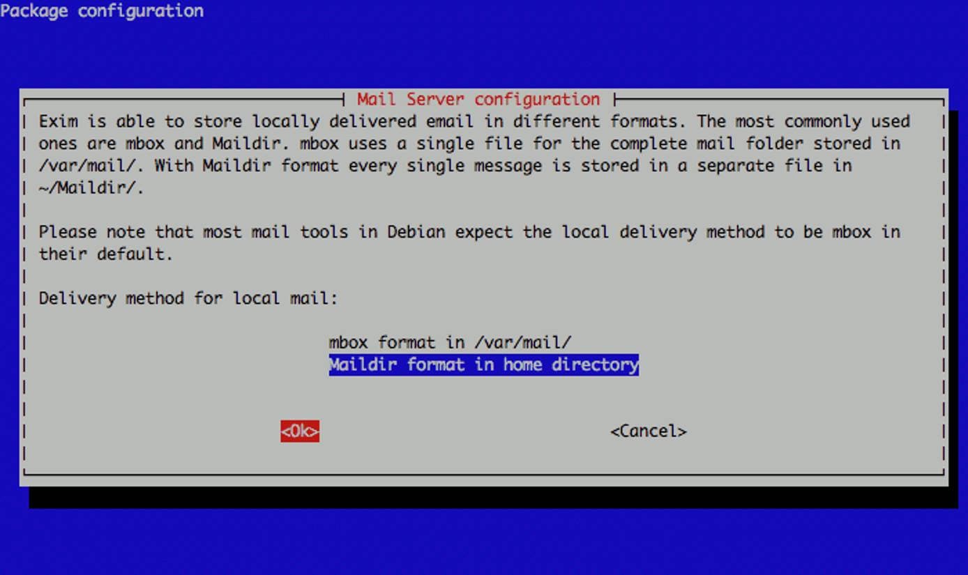 Exim maildirs or mbox configuration on Debian 5. Exim maildirs or mbox configuration on Debian 5.