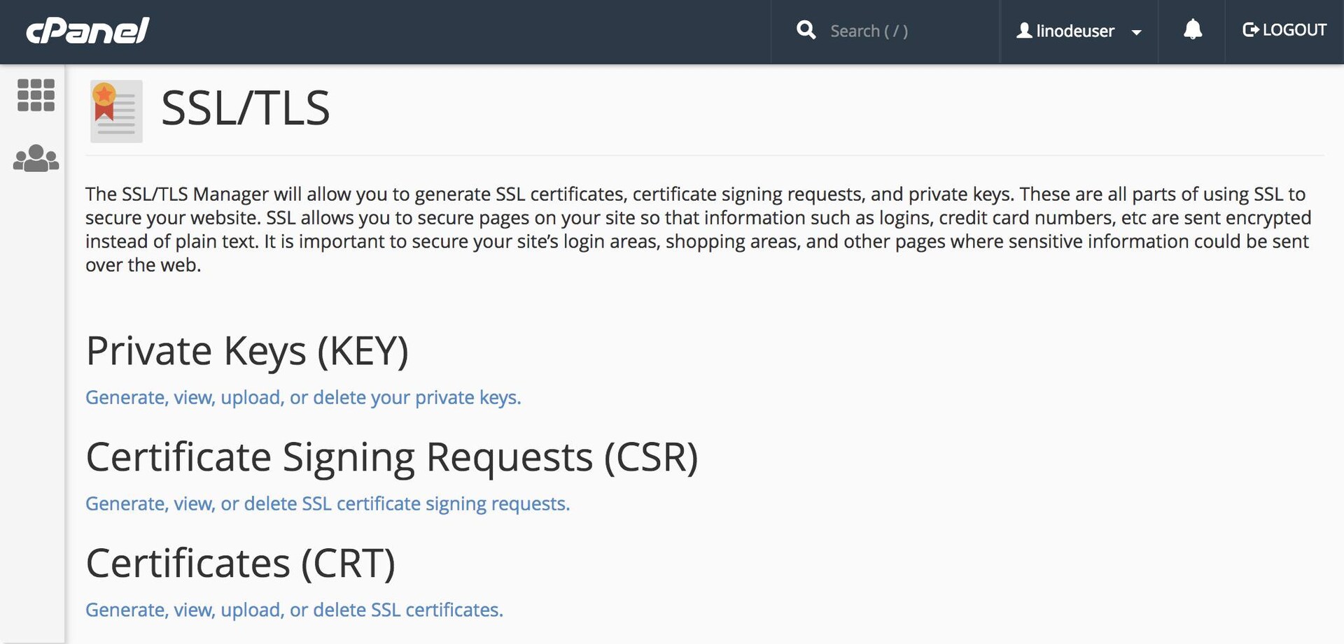 cPanel SSL/TLS page. cPanel SSL/TLS Page