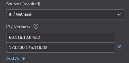 Cloud Manager UI for entering source IP addresses. Cloud Manager UI for entering source IP addresses.