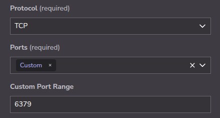 Cloud Manager UI for selecting protocol and port range.