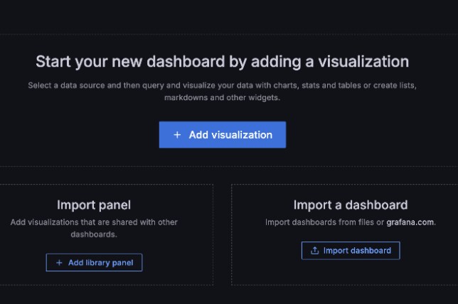 Grafana interface showing the Add Visualization dialog for creating a new graph. Grafana interface showing the Add Visualization dialog for creating a new graph.