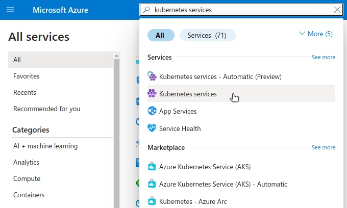 Azure portal interface highlighting the Kubernetes services navigation option. Azure portal interface highlighting the Kubernetes services navigation option.