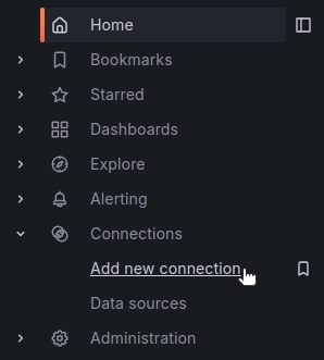 Grafana home menu with the option to add a new connection under the Connections section. Grafana home menu with the option to add a new connection under the Connections section.