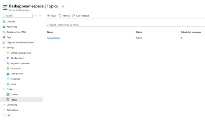 The Azure Service Bus Console UI showing current topic subscribers.