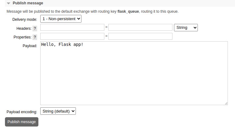 The RabbitMQ interface showing how to publish a message to a queue.