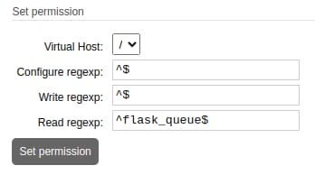 The RabbitMQ Admin interface showing user permission configuration. The RabbitMQ Admin interface showing user permission configuration.