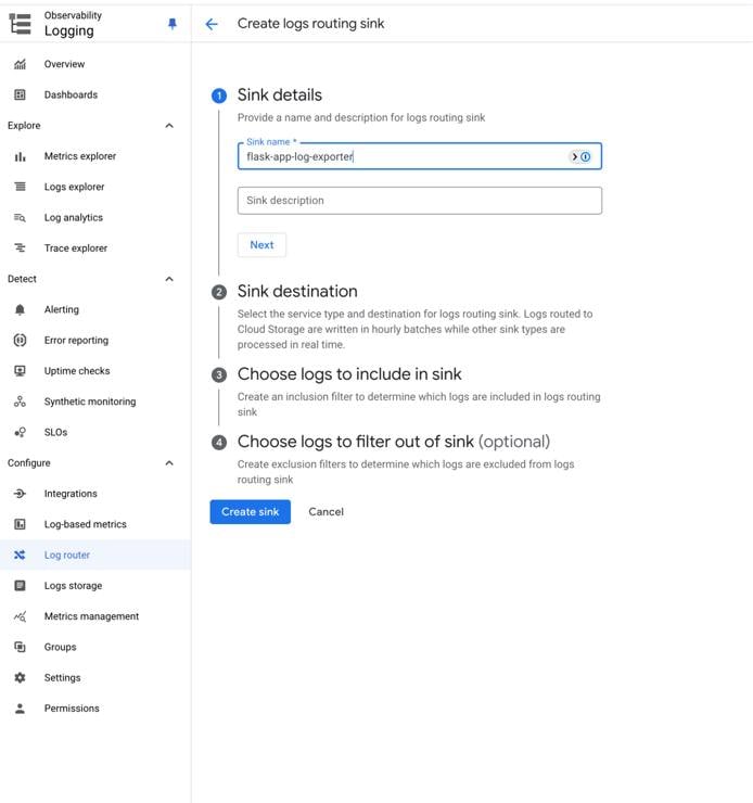 The GCP Cloud Logging interface showing the configuration of a log export sink.
