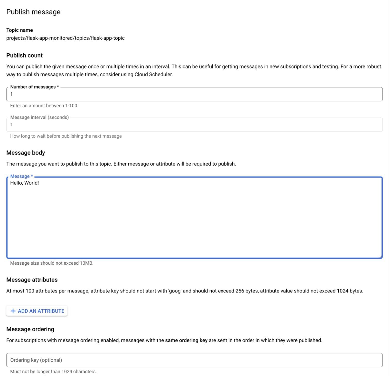 The GCP Pub/Sub UI for publishing messages to a topic.