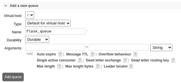 The RabbitMQ interface showing steps to create a new queue.