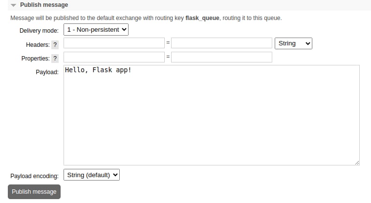 The RabbitMQ interface showing how to publish a message to a queue.