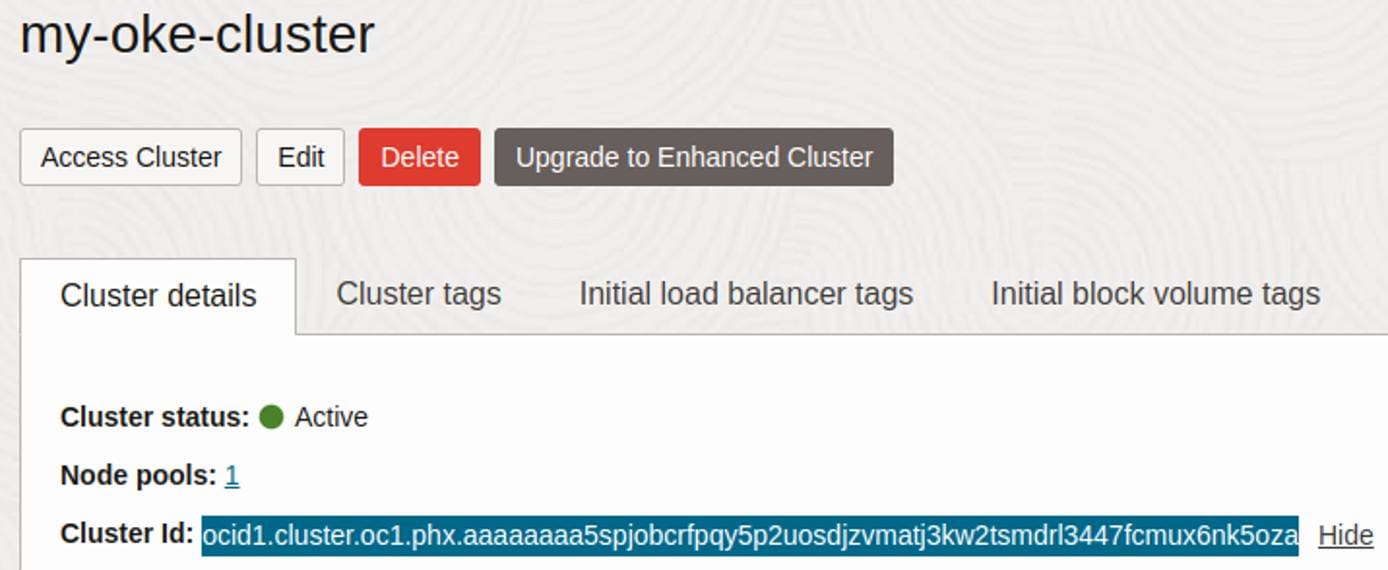 OKE cluster details page in Oracle Cloud showing Cluster ID. OKE cluster details page in Oracle Cloud showing Cluster ID.