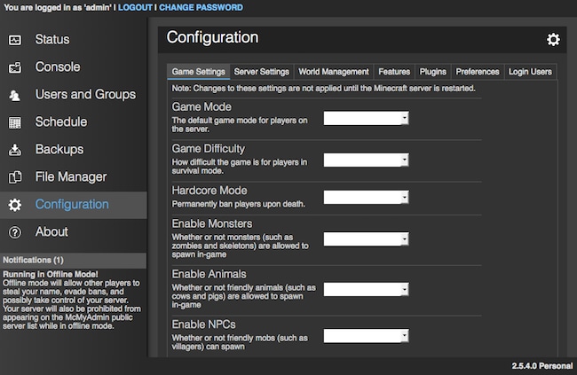 McMyAdmin Configuration Page McMyAdmin Configuration Page