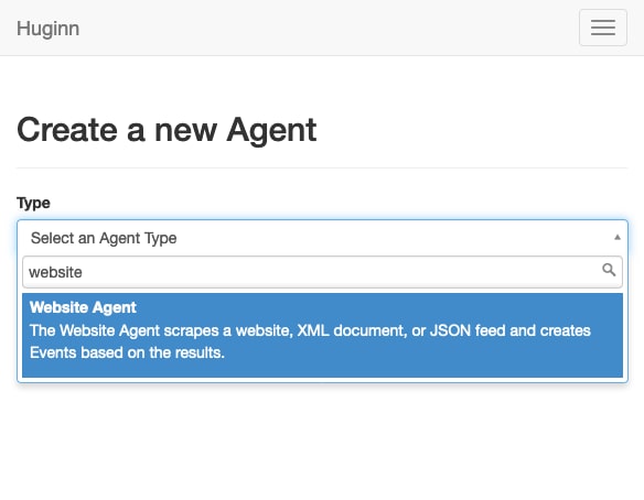 Selecting a Huginn agent type Selecting a Huginn agent type