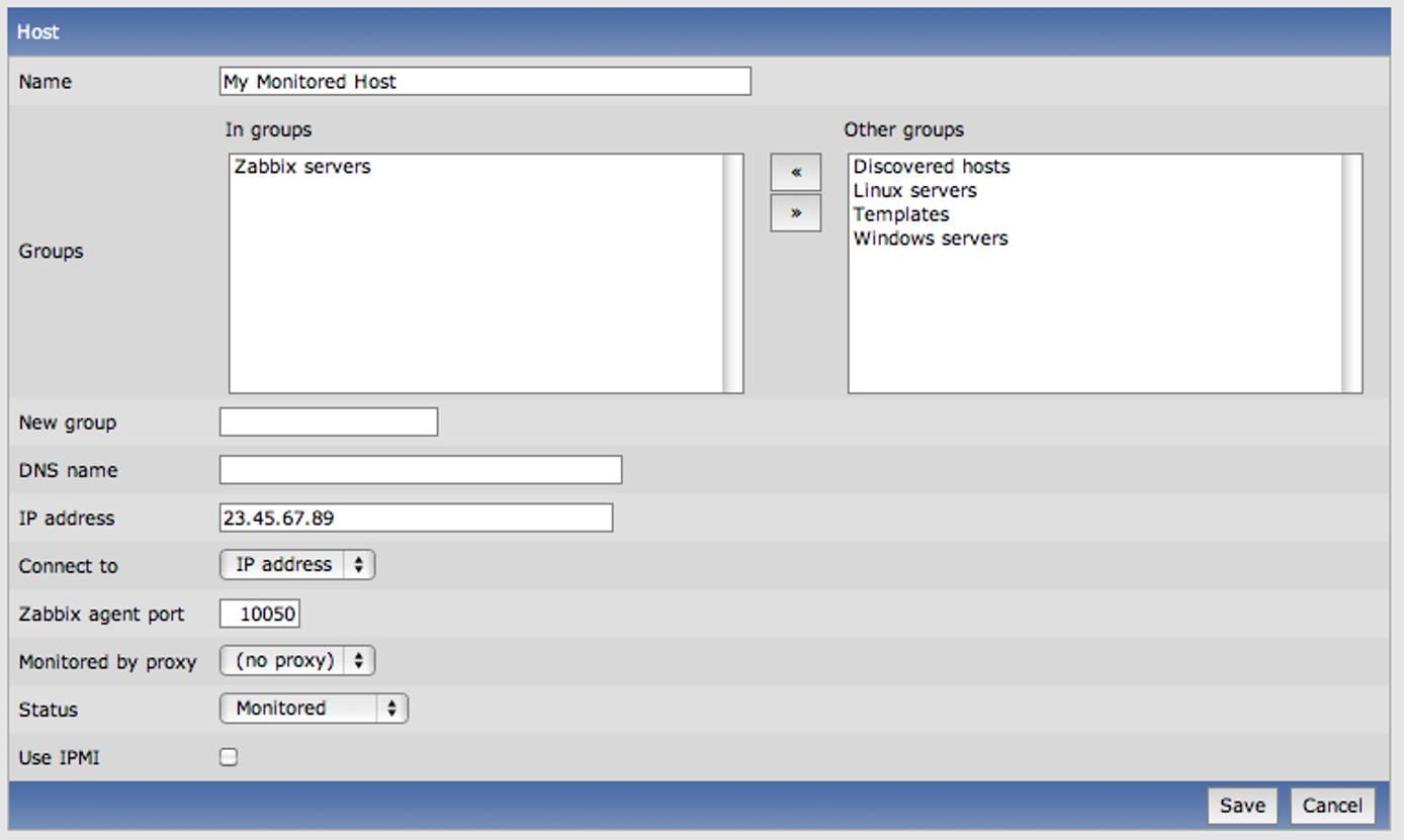 Zabbix add host screen. Zabbix add host screen.