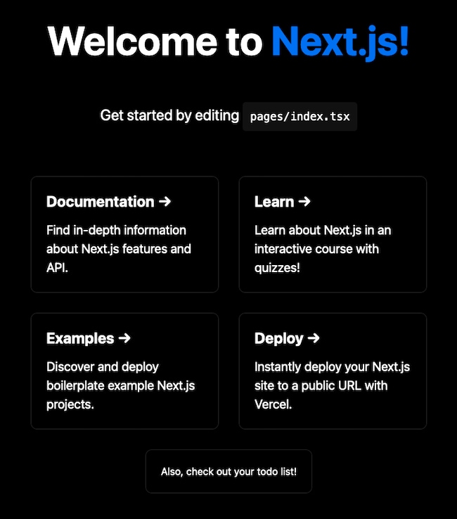 The default Next application modified with a link to the todo list