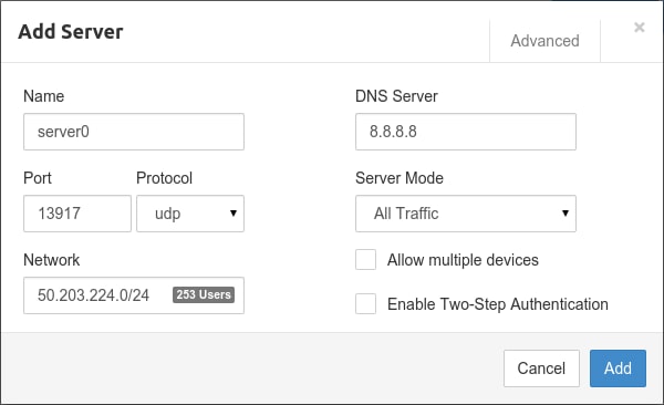 Pritunl server setup screen Pritunl server setup screen