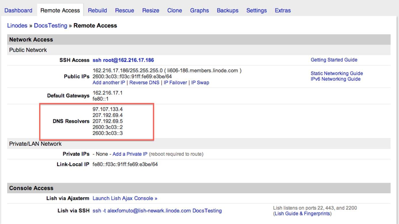 DNS resolvers in the Linode Manager. DNS resolvers in the Linode Manager.
