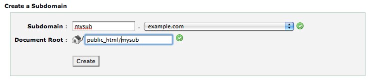 cPanel subdomain screen.