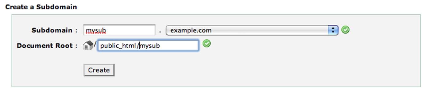 cPanel subdomain screen. cPanel subdomain screen.