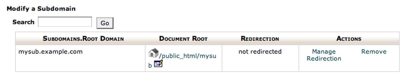 cPanel subdomain screen. cPanel subdomain screen.