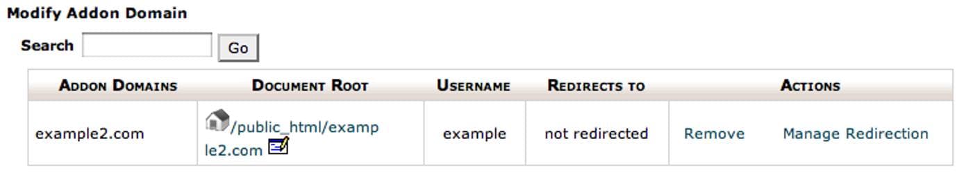 cPanel addon domain screen. cPanel addon domain screen.