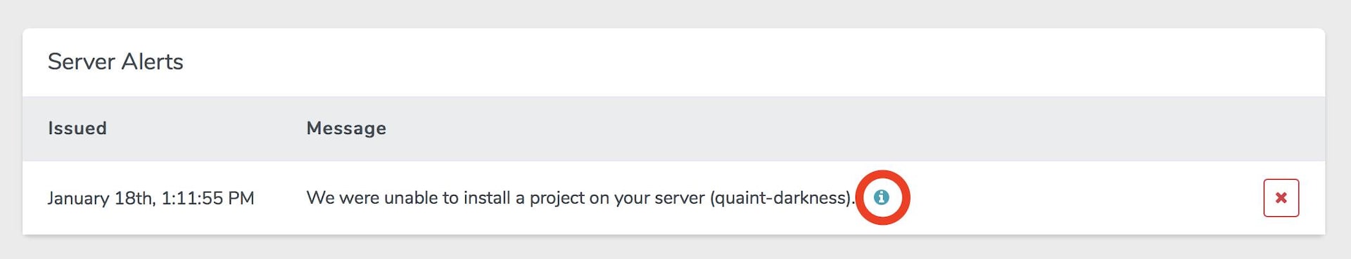 The server alerts panel Server Alerts