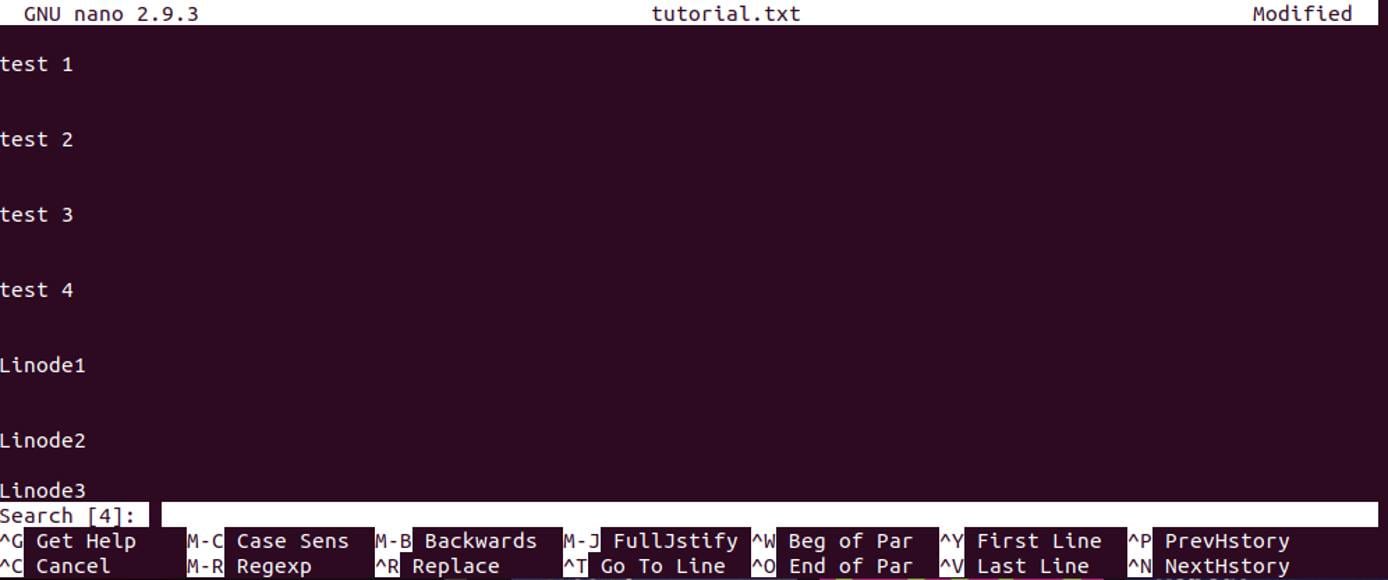 Opening the search functionality of nano. search option in the file