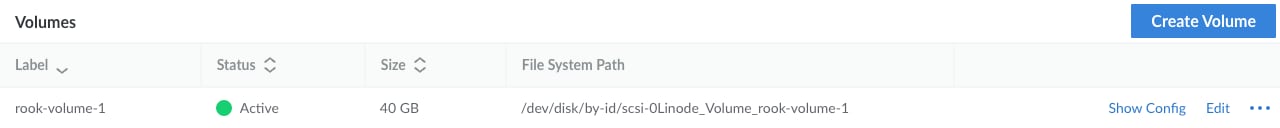 The Storage tab of a Kubernetes node, showing the new volume as “active”.