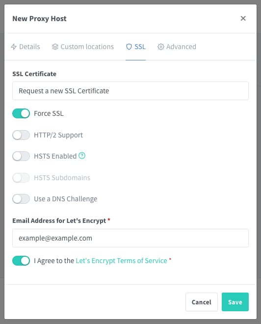Adding an SSL certificate to a proxy host in the Nginx Proxy Manager Adding an SSL certificate to a proxy host in the Nginx Proxy Manager