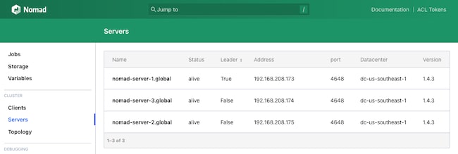 Nomad server nodes listed in the web interface Nomad server nodes listed in the web interface