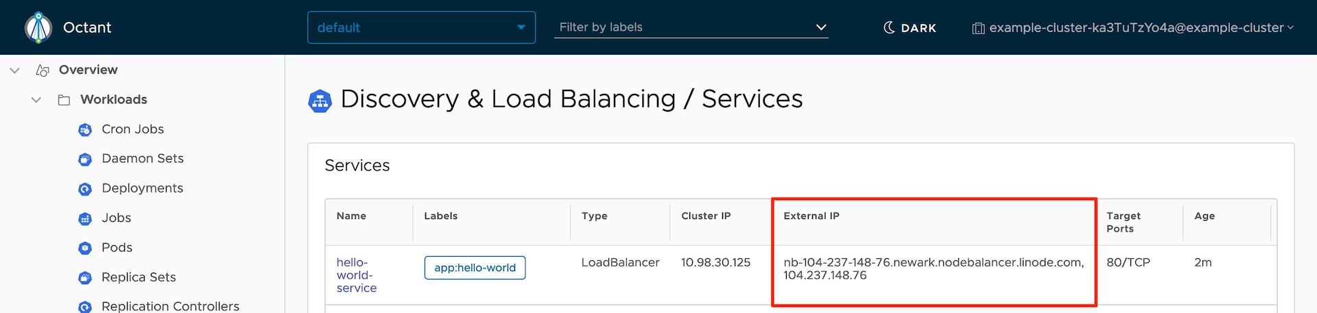Octant Services - Hello World with External IP Highlighted Octant Services - Hello World with External IP Highlighted