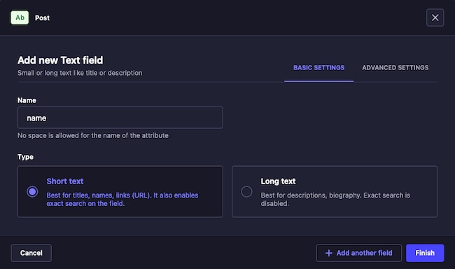 Strapi content builder, adding a field for the “Post” collection Strapi content builder, adding a field for the “Post” collection