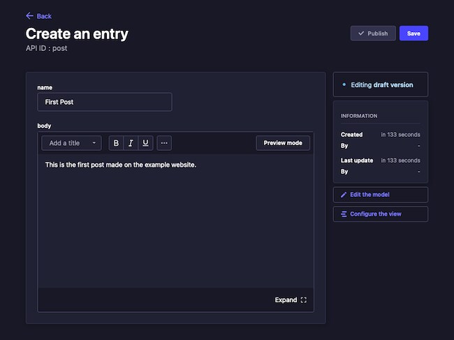 Adding a new Post entry to Strapi Adding a new Post entry to Strapi
