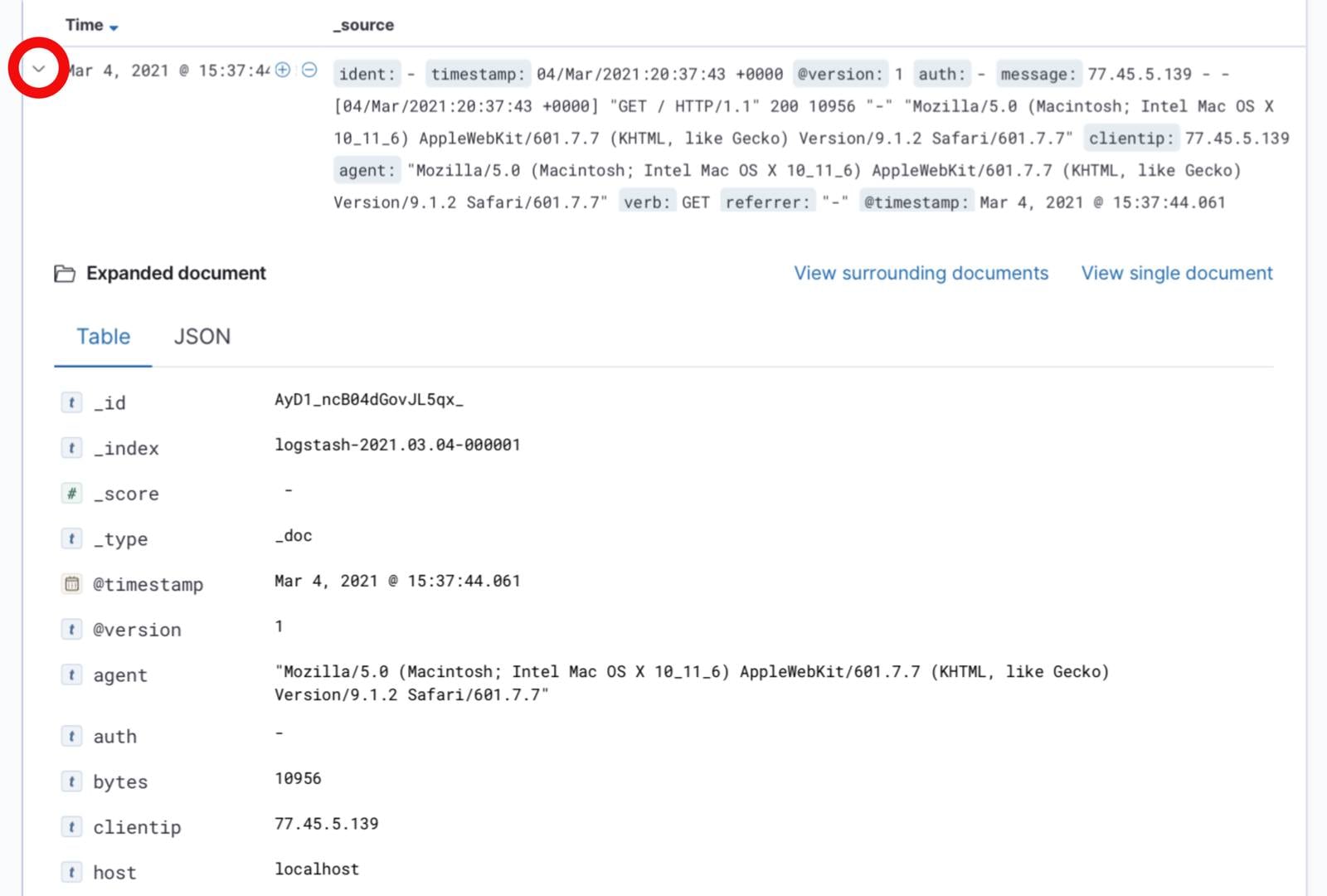 Kibana 7 Document Fields