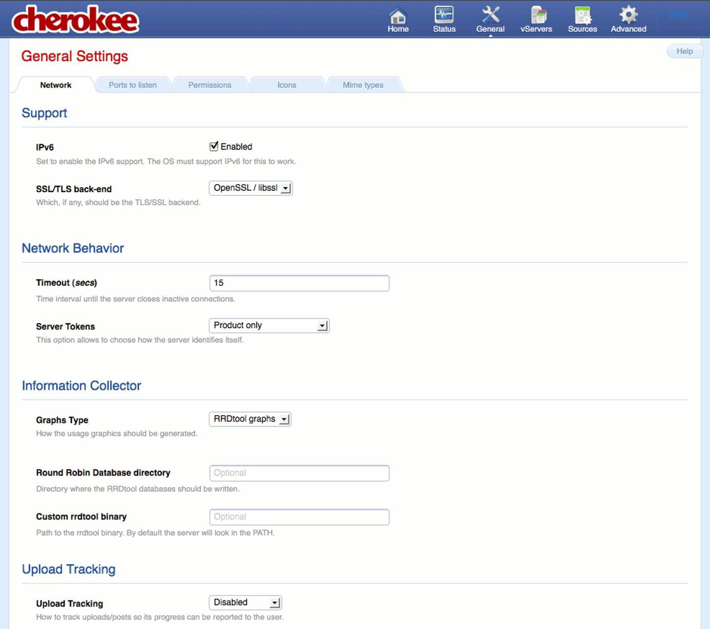 Network tab on the general page of the Cherokee admin panel on Fedora 13.