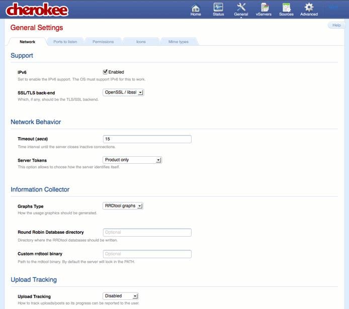 Network tab on the general page of the Cherokee admin panel on Fedora 13.