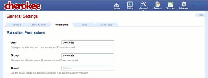 Permissions tab on the general page of the Cherokee admin panel on Fedora 13.
