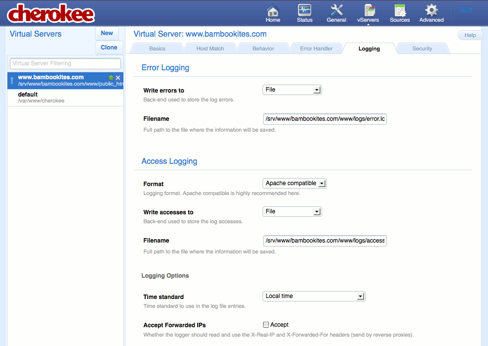 Specifying logging settings on the “Logging” tab of the vServers page of the Cherokee admin panel on Fedora 13.