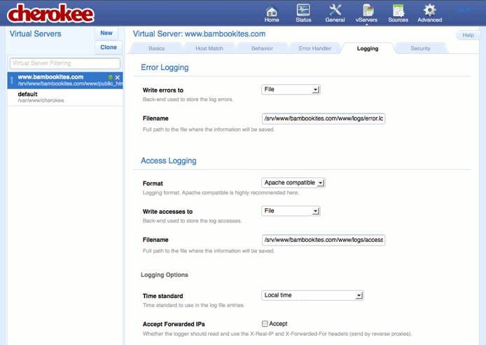 Specifying logging settings on the “Logging” tab of the vServers page of the Cherokee admin panel on Fedora 13.