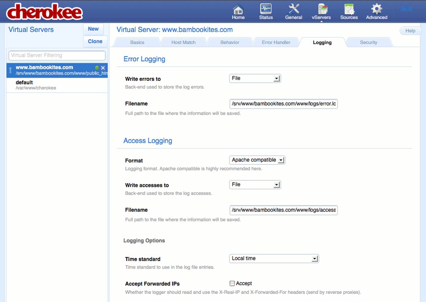 Specifying logging settings on the “Logging” tab of the vServers page of the Cherokee admin panel on Fedora 13.