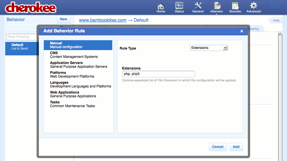 Creating a new extensions rule on the “Behavior” tab on the “vServers” page of the Cherokee admin panel on Fedora 13.