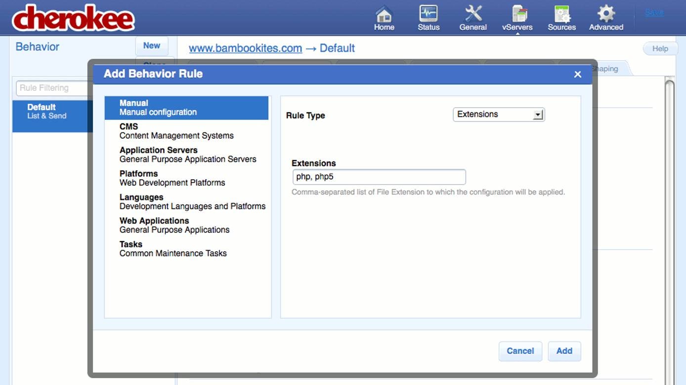 Creating a new extensions rule on the “Behavior” tab on the “vServers” page of the Cherokee admin panel on Fedora 13.