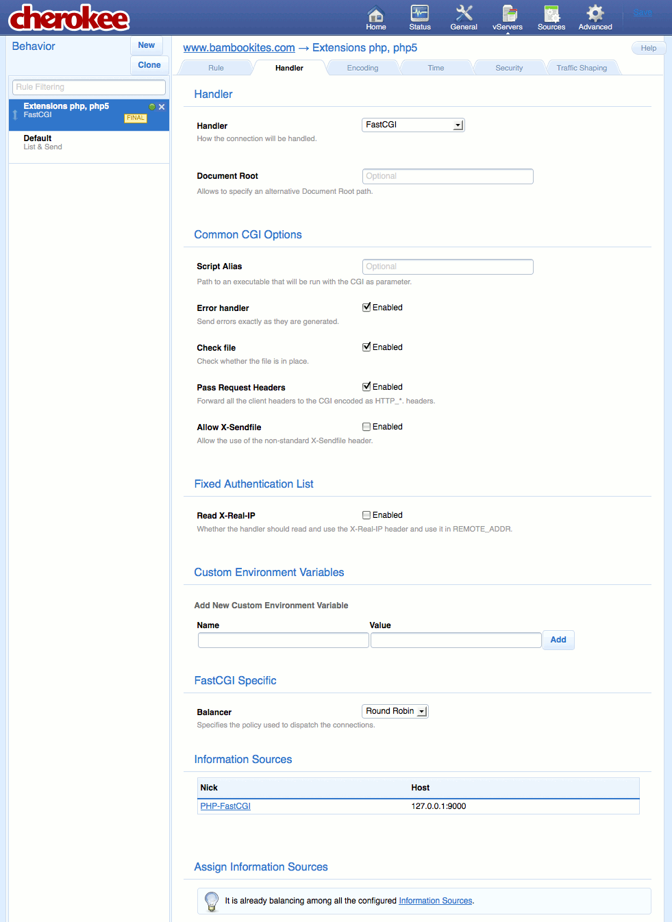 FastCGI settings for a new extensions rule on the “Behavior” tab on the “vServers” page of the Cherokee admin panel on Fedora 13.