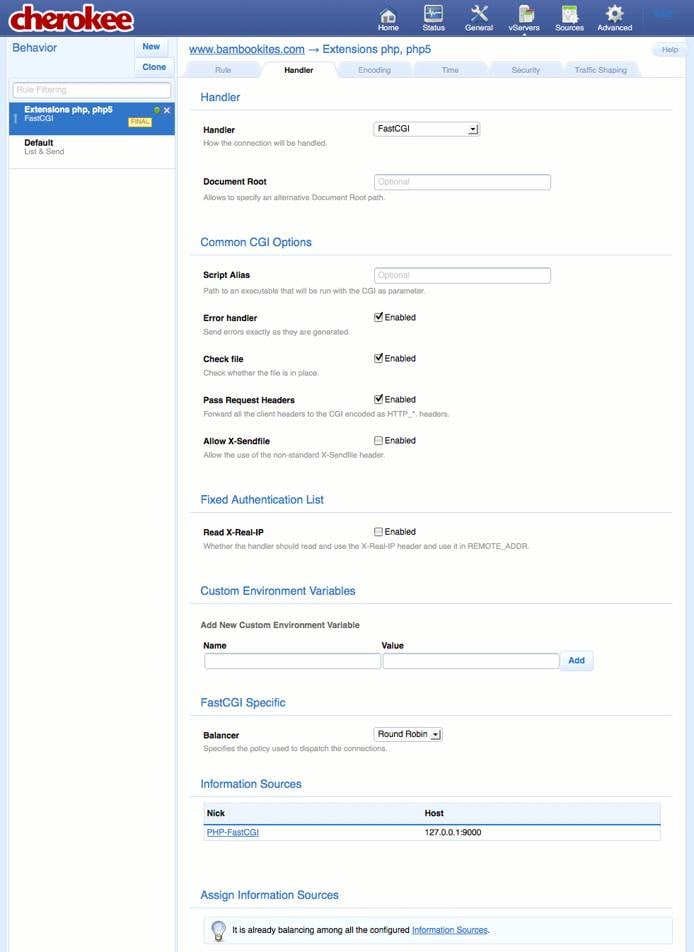 FastCGI settings for a new extensions rule on the “Behavior” tab on the “vServers” page of the Cherokee admin panel on Fedora 13.