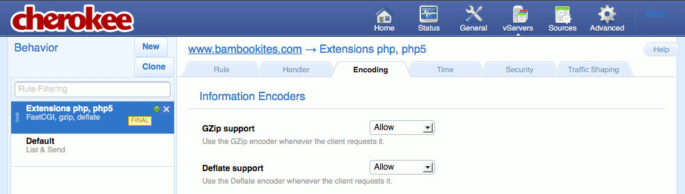 Enabling compression support for a new extensions rule on the “Behavior” tab on the “vServers” page of the Cherokee admin panel on Fedora 13.
