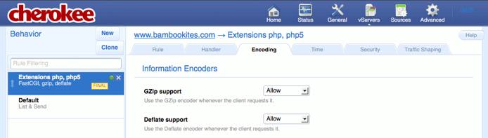 Enabling compression support for a new extensions rule on the “Behavior” tab on the “vServers” page of the Cherokee admin panel on Fedora 13.