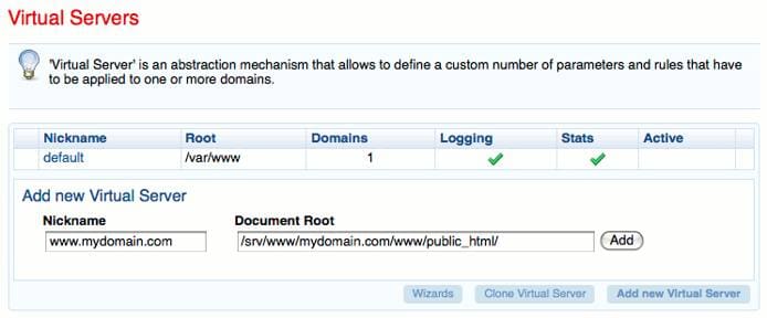 New virtual server basic settings in Cherokee admin panel on Ubuntu 10.04 LTS