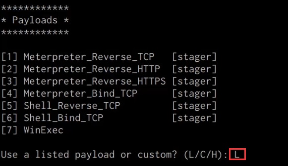 Shellter payload selection menu Shellter payload selection menu